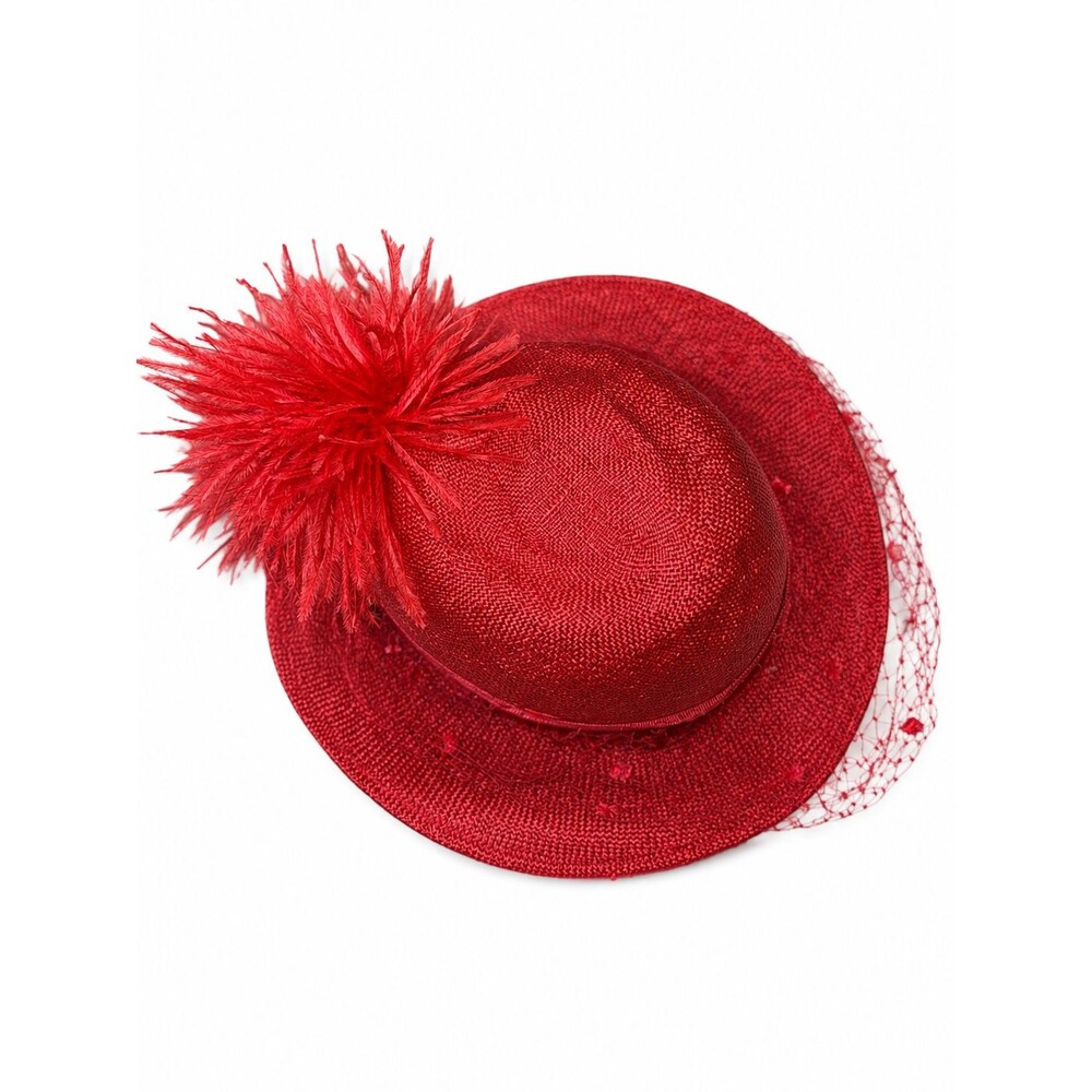 Vintage Miss Bierner Red Woven Hat Feather Pom Net Veil Cocktail Derby
